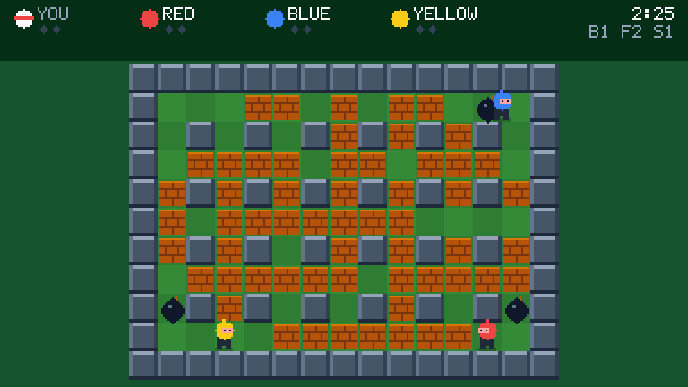 Blast Maze: four players in a maze of walls and breakable blocks, bombs about to go off