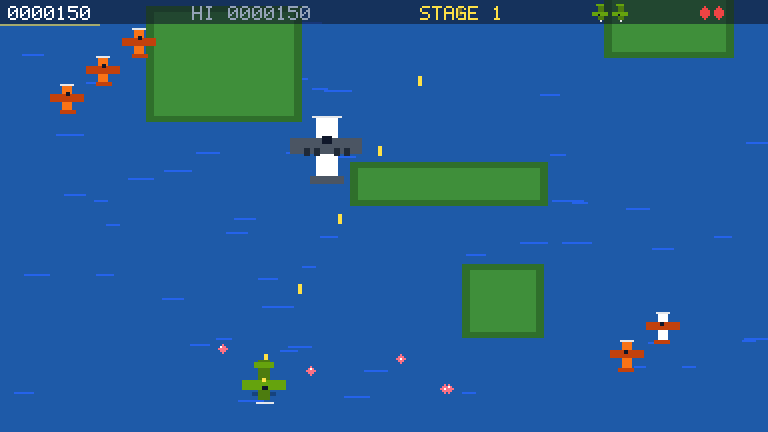 Sky Ace: a green propeller fighter over the sea, enemy planes ahead